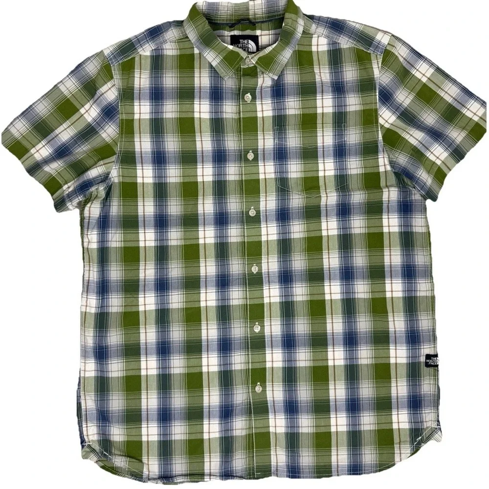 The North Face Shirt Men's L Green Blue Plaid Short Sleeve Button‎ Up Casual